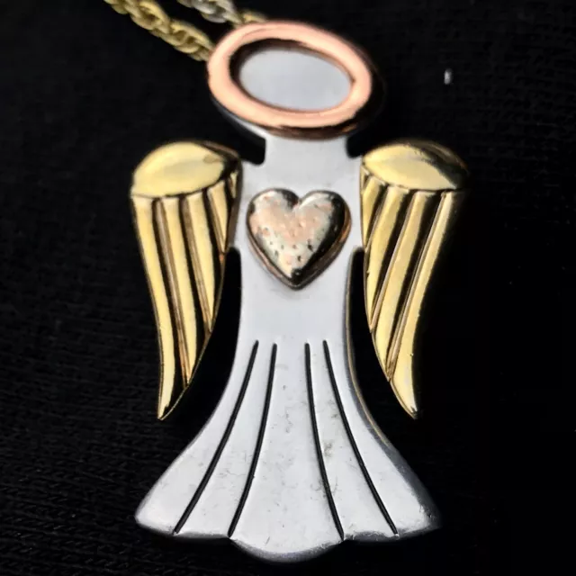 Abstract Angel 3 Tone Pendant on Chain Vintage Necklace Christian Christmas