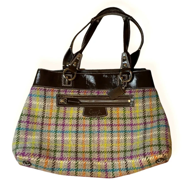 Coach Plaid Wool Tweed Tote Bag with Brown Leather Trim and Silver Tone Hardware