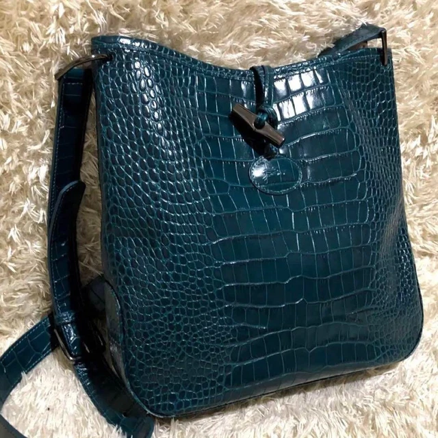 VINTAGE Longchamp Roseau Dark Green Croc Embossed Leather Crossbody Bag