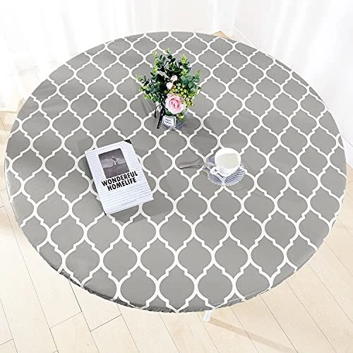 Heavy Duty Vinyl Round Fitted Tablecloth, Gray Moroccan Design, Spill...