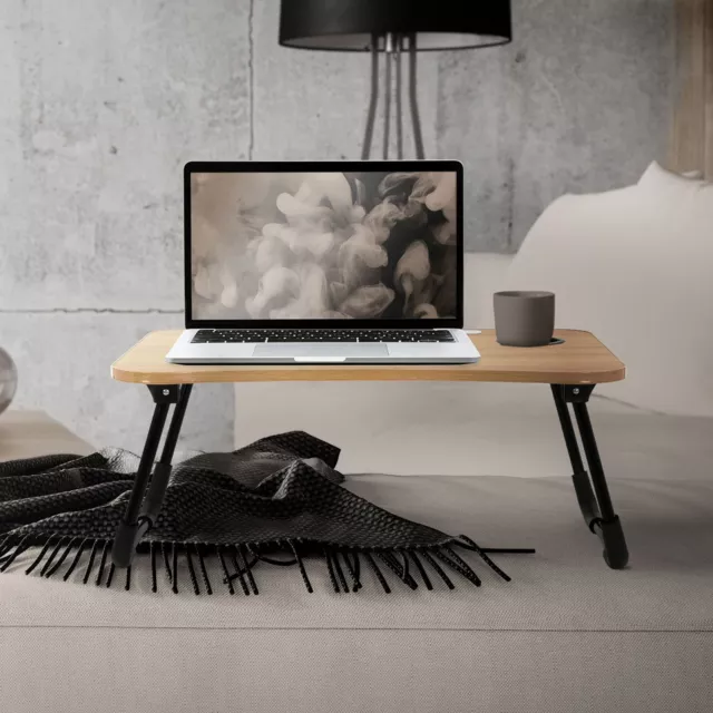 Table ordinateur pliante 60x40cm aspect bois/noir charge lampe USB porte-boisson
