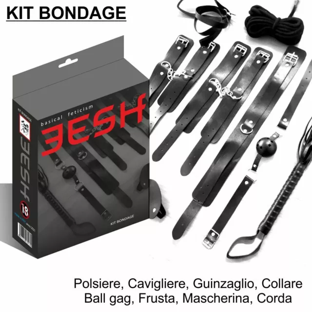 Bondage kit set sadomaso 8 pz BDSM fetish polsiere cavigliere frusta collare sex 2