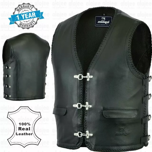 Mens Motorcycle Leather Vest Motorbike Perforated Leather Lining Biker Waistcoat