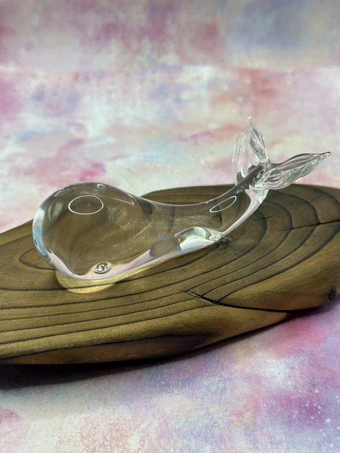 Handblown Clear Glass Whale On Wood Signed By Artist 1977