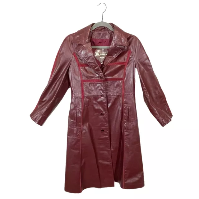 70s Leather Trench Coat Womens Size 10 Glam Chic The Tannery Burgundy Vintage