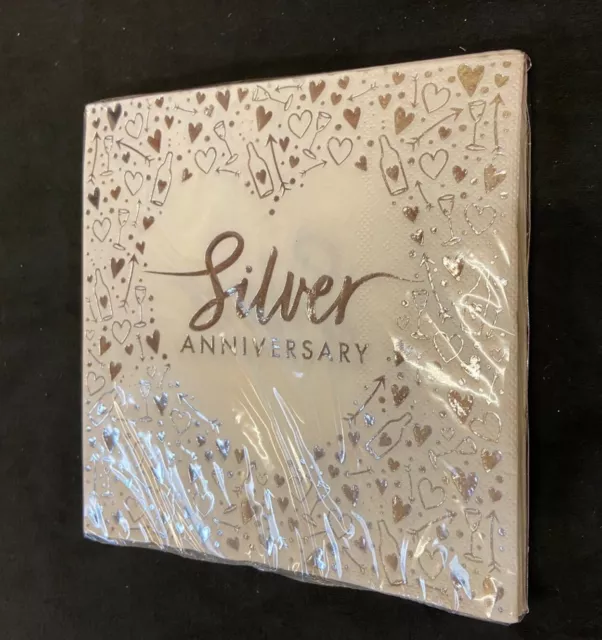 Silver Wedding Paper Napkin 25th Anniversary Serviettes Shiny Foil Finish x 16