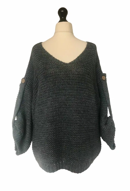 Maglione Made In Italy Lagenlook grigio lavorato a maglia grossa con cinturino - Taglia UK 14 16 18
