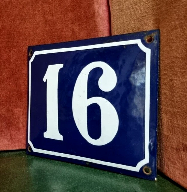 French vintage Large domed enamel house sign number 16 white raised for door .