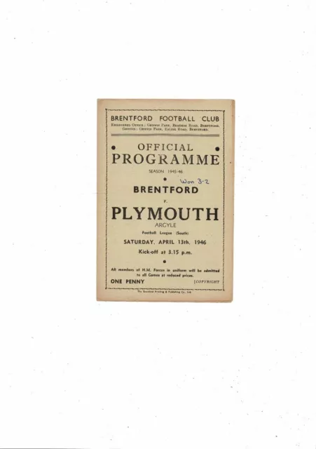 1945/46 Brentford v Plymouth Argyle Football Programme