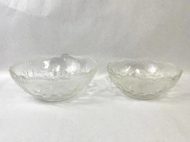 Set of 2 Vintage Clear Pressed Glass Serving Bowls Embossed Floral Design