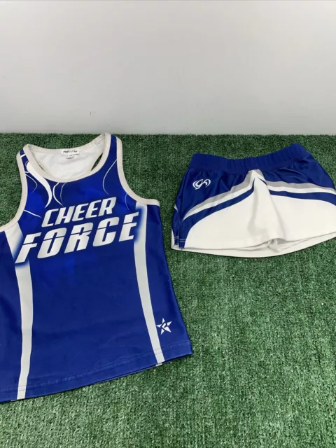 2 Piece Cheerleader Uniform: "CFA Cheer Force". Youth Medium Blue White Sports