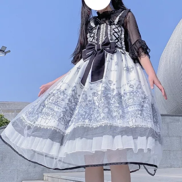 Donna Ragazza Lolita Gotico Abito con Spalline Giapponese Cosplay Maniche Balza