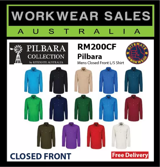 PILBARA Ritemate Shirt Mens Closed Front L/S Work Farm Shirt RM200CF Long Sleeve