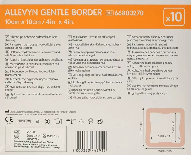 Allevyn condimento morbido gel di silicio bordo adesivo 10 cm x 10 cm schiuma UK 2