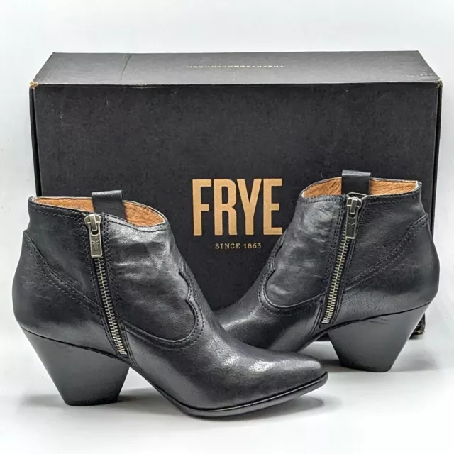 Frye Reina Bootie Women's Leather Western Side-Zip Ankle Boots [Black, Size 6]