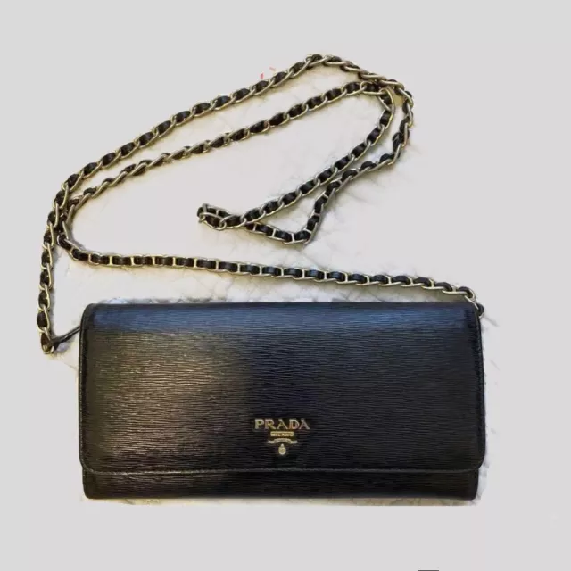 PRADA Chain Wallet Shoulder Saffiano Wallet Black Leather Japan [Used]