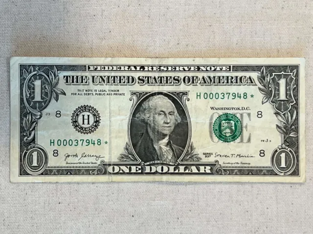 $1 One Dollar Bill Star Note Rare Low Serial Number H 00037948* Circulated