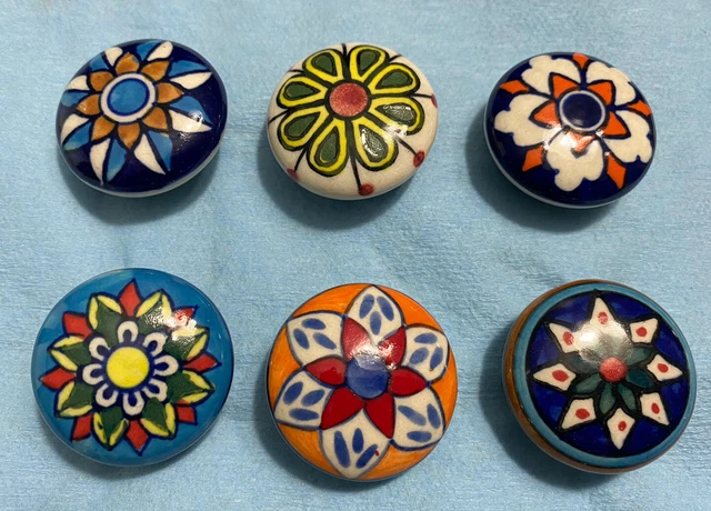 vintage Hand Painted Unmatched Ceramic Knobs Cabinet or Drawer Pulls Set of 6