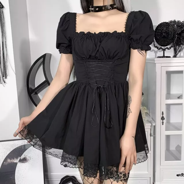Donna Pizzo Abito Corto Lungo Puff Maniche Rétro Gotico Lolita Vittoriano a Mini
