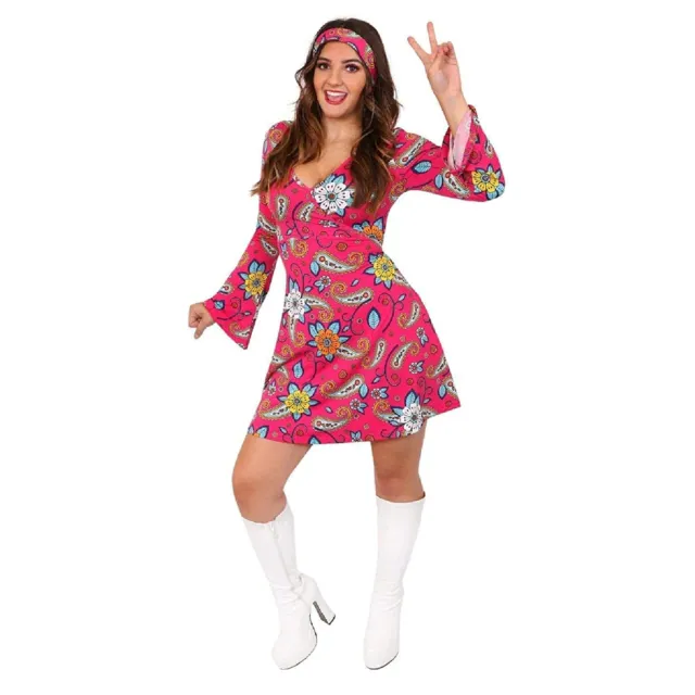 1960S 70S Hippie Fancy Dress Ladies Hippy Costume Flower Power Adults Retro Gogo