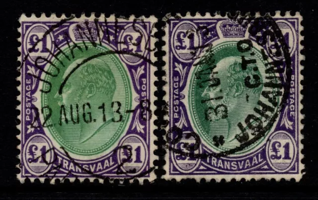 TRANSVAAL 1904-09 £1 x2 SHADES, SG 272/a, FINE USED, CAT. £60+