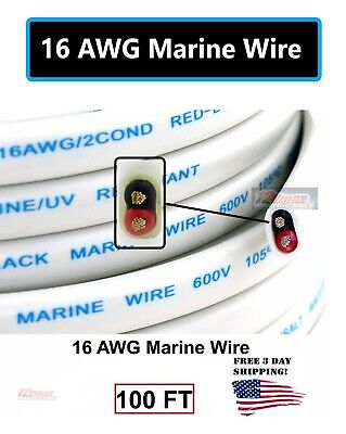 100ft 16Ga Marine Cable Grade Wire Duplex Boat 100% Copper OFC Wire 16/2 Gauge