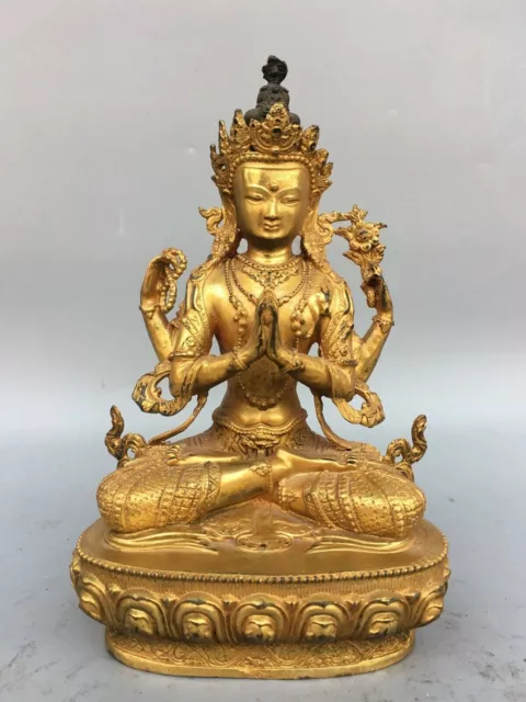 8.8" Tibet temple bronze Gilt 4 arms Tara Kwan-Yin GuanYin goddess Buddha statue