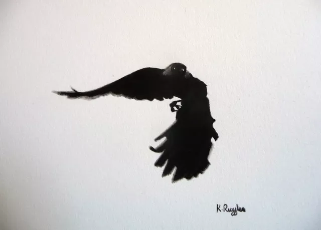 Original crow charcoal pencil drawing in oak frame with acrylic glazing 6" x 6" 2