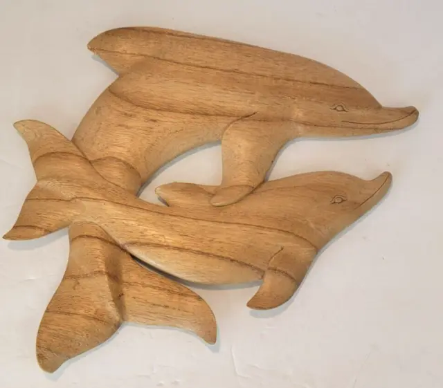 Vintage Hand Carved Wooden Dolphins Wall Hanging Plaque Folk Art Primitive