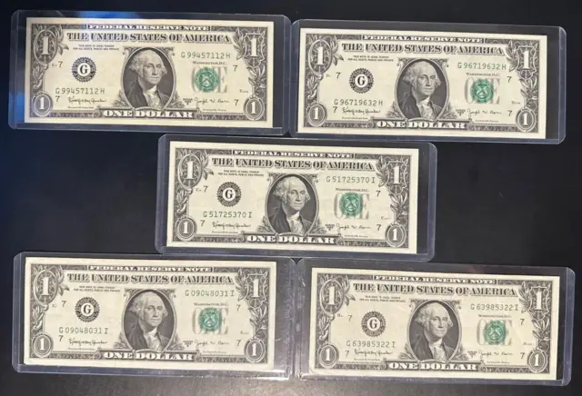 LOT OF 5, Rare 1963-B $1 BARR Note Fed. Reserve of CHICAGO XF/AU