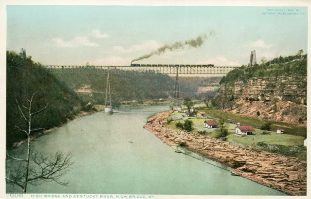 River View Logging at High Bridge Kentucky w Train & Steam Postcard 1910 2