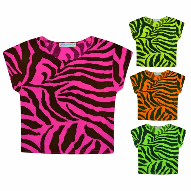 Girls Crop Top New Kids Short Sleeved Stretch Zebra Print T-shirt Age 5-13 Years