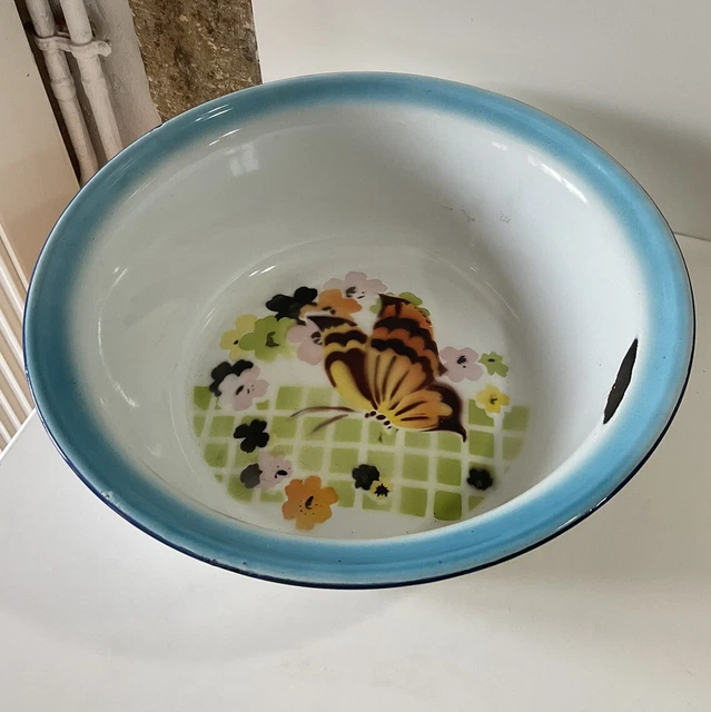 Seau hygiénique en tôle émaillée, fleurs au pochoir, ancien