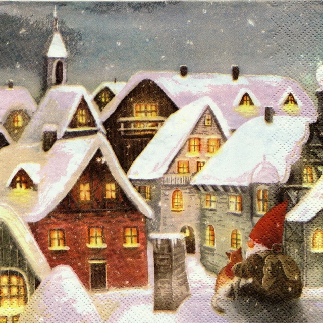 Serviettes en papier Noël village chat lutin. Napkins Christmas cat village elf