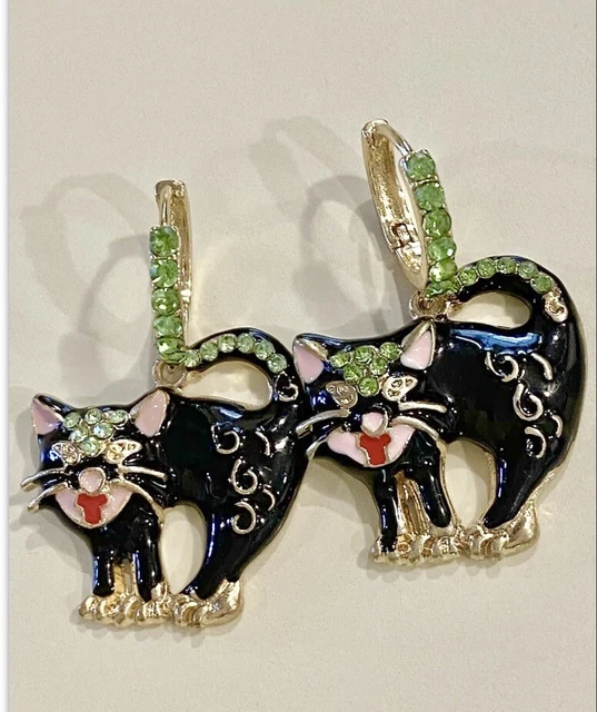 Betsey Johnson RARE Black Rhinestone  Glaze Cat Drop Earrings NWT