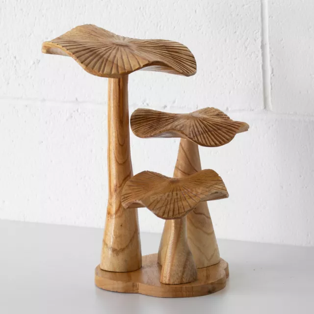 Natural Wooden Bali Mushrooms Ornament 31cm Tall Decorative Floor Art Sculpture