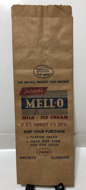 Vintage TURNERS Mell-O ANNISTON / TALLEDEGA Alabama ICE CREAM / Milk Paper Bag