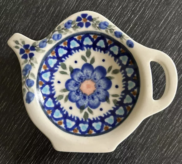 Boleslawiec Polish Pottery Unikat Tea bag Holder Hand Painted Blue Floral