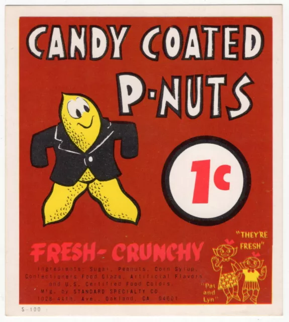 Vintage Coin-Op Machine Ad Card: "CANDY COATED P-NUTS" (Peanut Wearing Jacket)