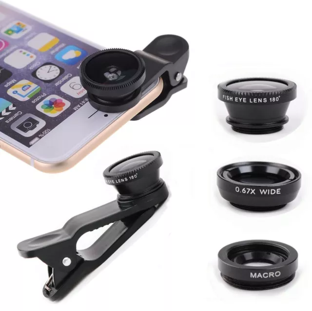 3in1 Fish Eye Wide Angle Macro Telephoto Lens Camera for iPhone Cell Phone Clip