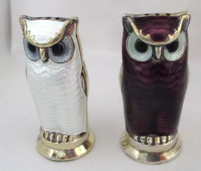 Vintage Modernist David Andersen Norway Sterling Silver Enamel Owl Salt & Pepper