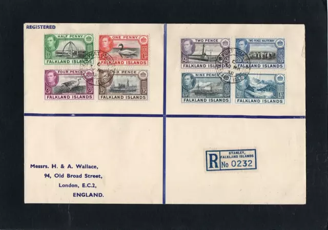 Falkland Islands - 1938 - Kg Vi - Set 8 Stamps Registered Cover - Port Stanley