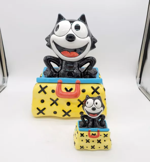 Vintage Felix the Cat Magic Bag Cookie Jar 13" & Salt Pepper Shaker Set Clay Art