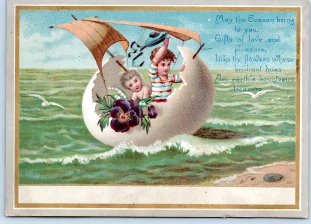1880's ERA EMBOSSED CRACKED EGG SHELL AS SAILBOAT*VICTORIAN EASTER GREETINGS