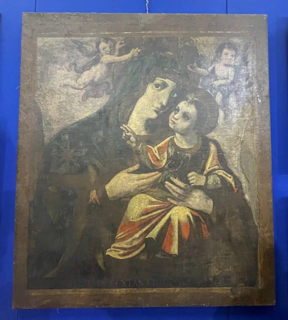 Antico Dipinto Olio Su Tela Raffigurante Madonna Di Costantinopoli Epoca 500
