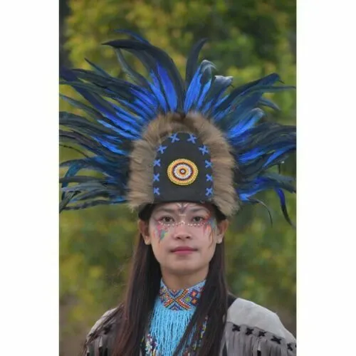 Headdress Hat BLUE Fan Headbands Feather Native American Warbonnet Indian