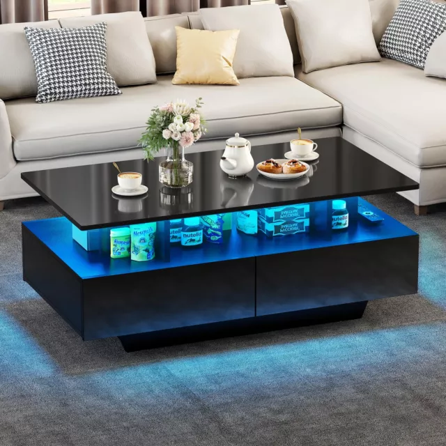 LED Coffee Table w/4 Drawer Storage High Gloss Wood Modern Living Room Furniture