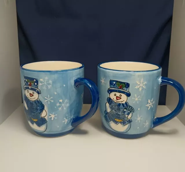 2 16oz Libbey Snowman Coffee Mugs Christmas Holiday Ceramic Blue Cup Snowflake