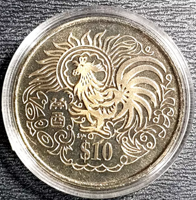 1993 SINGAPORE $10 Dollar "YEAR OF ROOSTER" Zodiac Coin Ø40(+FREE1 coin) #24480