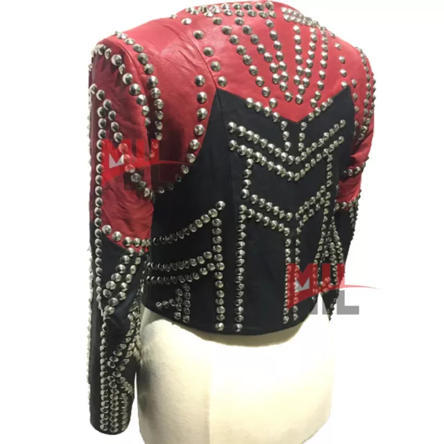 Handmade Women Black Red Fully Studded Genuine Lambskin Pure Leather Jacket 3